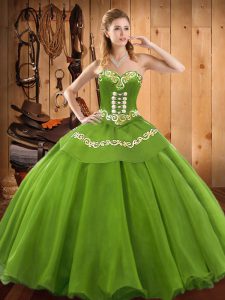 Satin and Tulle Sweetheart Sleeveless Lace Up Embroidery Ball Gown Prom Dress in Green