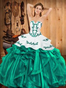 Pretty Strapless Sleeveless Ball Gown Prom Dress Floor Length Embroidery and Ruffles Turquoise Satin and Organza