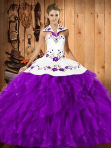 Custom Design Floor Length Lace Up Vestidos de Quinceanera Eggplant Purple for Military Ball and Sweet 16 and Quinceanera with Embroidery and Ruffles