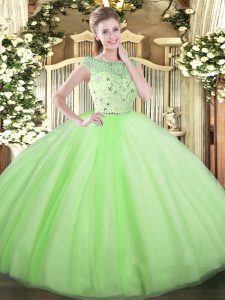 Inexpensive Ball Gowns 15 Quinceanera Dress Yellow Green Bateau Tulle Sleeveless Floor Length Zipper