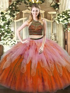 Sweet Multi-color Two Pieces Beading and Ruffles 15th Birthday Dress Lace Up Tulle Sleeveless Floor Length