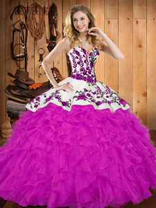 Hot Sale Embroidery and Ruffles Vestidos de Quinceanera Fuchsia Lace Up Sleeveless Floor Length