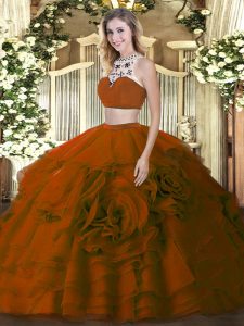 Glorious High-neck Sleeveless Quinceanera Dress Floor Length Beading and Ruffled Layers Brown Tulle