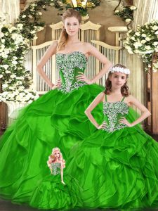 New Arrival Green Ball Gowns Beading and Ruffles Ball Gown Prom Dress Lace Up Organza Sleeveless Floor Length