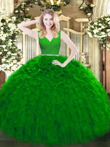 Green Sleeveless Beading and Ruffles Floor Length Vestidos de Quinceanera