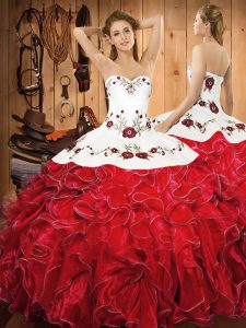 Embroidery and Ruffles Quinceanera Gown White And Red Lace Up Sleeveless Floor Length