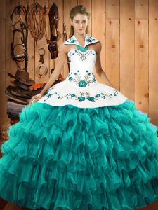 Decent Halter Top Sleeveless Lace Up Quinceanera Gowns Turquoise Organza