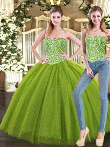 Modest Olive Green Ball Gowns Sweetheart Sleeveless Tulle Floor Length Lace Up Beading Vestidos de Quinceanera