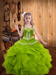 Excellent Olive Green Sleeveless Embroidery and Ruffles Floor Length Winning Pageant Gowns