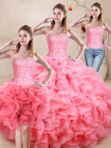 Modest Watermelon Red Ball Gowns Sweetheart Sleeveless Organza Floor Length Lace Up Beading and Ruffles Vestidos de Quinceanera