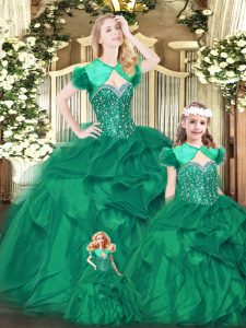 Best Selling Green Ball Gowns Sweetheart Sleeveless Organza Floor Length Lace Up Beading and Ruffles Sweet 16 Quinceanera Dress