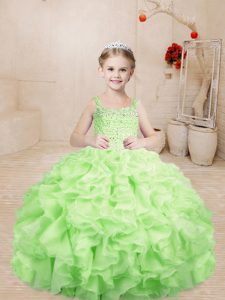 Low Price Straps Sleeveless Pageant Dress for Womens Floor Length Beading and Ruffles Yellow Green Organza