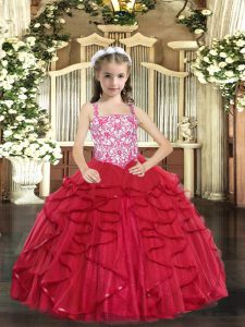 Tulle Sleeveless Floor Length Little Girls Pageant Dress and Beading and Ruffles