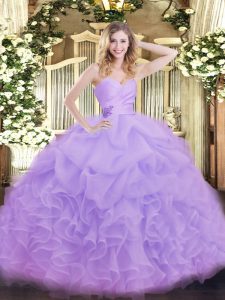Modest Lavender Organza Lace Up Ball Gown Prom Dress Sleeveless Floor Length Beading and Ruffles