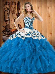 Custom Designed Teal Tulle Lace Up Quinceanera Gowns Sleeveless Floor Length Embroidery and Ruffles