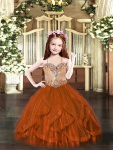 Custom Design Spaghetti Straps Sleeveless Pageant Gowns Floor Length Beading and Ruffles Rust Red Tulle