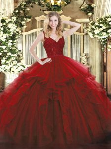 Wine Red Backless V-neck Beading and Lace and Ruffles Sweet 16 Dress Organza Sleeveless