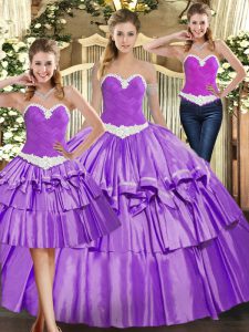 Eggplant Purple Ball Gown Prom Dress Military Ball and Sweet 16 and Quinceanera with Appliques and Ruffled Layers Sweetheart Sleeveless Lace Up