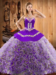 Nice Multi-color Satin and Fabric With Rolling Flowers Lace Up Sweet 16 Dress Sleeveless With Train Sweep Train Embroidery
