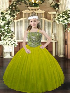 Sleeveless Tulle Floor Length Lace Up Little Girl Pageant Gowns in Olive Green with Beading