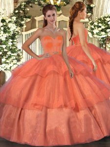 Cheap Orange Red Ball Gowns Sweetheart Sleeveless Organza Floor Length Lace Up Beading and Ruffled Layers Sweet 16 Dresses