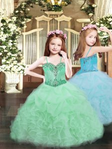 Low Price Sleeveless Floor Length Beading and Ruffles and Pick Ups Lace Up Child Pageant Dress with Apple Green