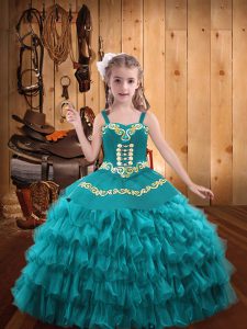 Sleeveless Floor Length Embroidery and Ruffled Layers Lace Up Little Girls Pageant Dress with Teal