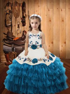 Floor Length Teal Pageant Dress Wholesale Organza Sleeveless Embroidery and Ruffled Layers