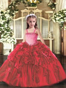 Sleeveless Organza Floor Length Lace Up Pageant Dress Toddler in Red with Appliques and Ruffles