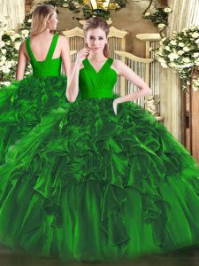 Affordable Dark Green Sweet 16 Dress Military Ball and Sweet 16 and Quinceanera with Ruffles V-neck Sleeveless Zipper