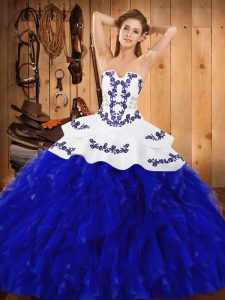 High Class Satin and Organza Strapless Sleeveless Lace Up Embroidery and Ruffles 15 Quinceanera Dress in Blue And White