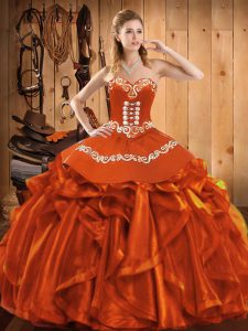 Admirable Sleeveless Floor Length Embroidery and Ruffles Lace Up Quinceanera Dress with Rust Red