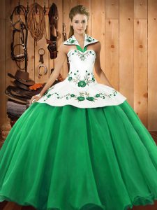 Sleeveless Floor Length Embroidery Lace Up Ball Gown Prom Dress with Green