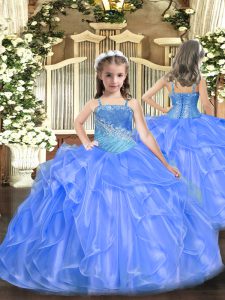 Blue Straps Neckline Ruffles and Sequins Pageant Gowns For Girls Sleeveless Lace Up