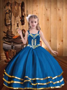 Blue Lace Up Straps Embroidery and Ruffled Layers Little Girl Pageant Dress Organza Sleeveless