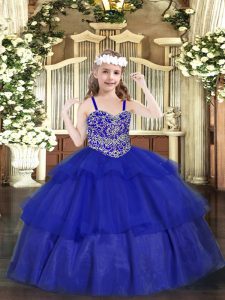 Fashionable Royal Blue Organza Lace Up Custom Made Pageant Dress Sleeveless Floor Length Beading and Ruffled Layers