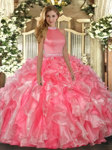 Dynamic Hot Pink Sleeveless Organza Backless 15th Birthday Dress for Military Ball and Sweet 16 and Quinceanera