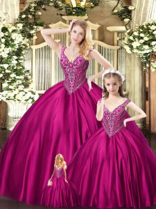 Extravagant Sleeveless Organza Floor Length Lace Up Ball Gown Prom Dress in Fuchsia with Beading