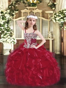 Sleeveless Organza Floor Length Lace Up Little Girls Pageant Gowns in Wine Red with Appliques and Ruffles