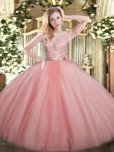 Affordable Floor Length Baby Pink Quinceanera Gowns Scoop Sleeveless Backless