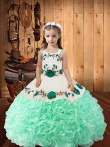 Popular Apple Green Ball Gowns Straps Sleeveless Fabric With Rolling Flowers Floor Length Lace Up Embroidery and Ruffles Little Girls Pageant Dress Wholesale