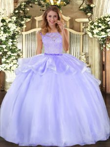 Fashionable Ball Gowns 15 Quinceanera Dress Lavender Scoop Organza Sleeveless Floor Length Clasp Handle