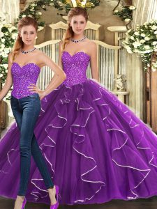 Great Eggplant Purple Sweet 16 Dress Military Ball and Sweet 16 and Quinceanera with Beading and Ruffles Sweetheart Sleeveless Lace Up