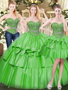 Flare Floor Length Green Quinceanera Dress Organza Sleeveless Beading and Ruffled Layers