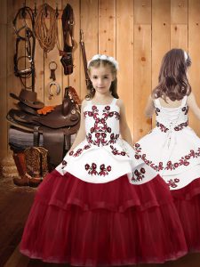 Burgundy Ball Gowns Tulle Straps Sleeveless Embroidery Floor Length Lace Up Custom Made Pageant Dress