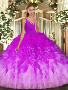 Multi-color Tulle Backless V-neck Sleeveless Floor Length Quince Ball Gowns Beading and Ruffles