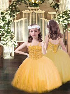 Fantastic Sleeveless Tulle Floor Length Lace Up Girls Pageant Dresses in Orange with Beading