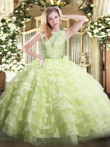 Fashion Yellow Green Ball Gowns Scoop Sleeveless Organza Floor Length Backless Lace and Ruffled Layers 15 Quinceanera Dress