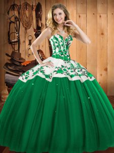 Dark Green Ball Gowns Sweetheart Sleeveless Satin and Tulle Floor Length Lace Up Embroidery Quinceanera Dress