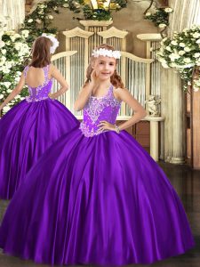 Purple V-neck Lace Up Beading Little Girl Pageant Dress Sleeveless